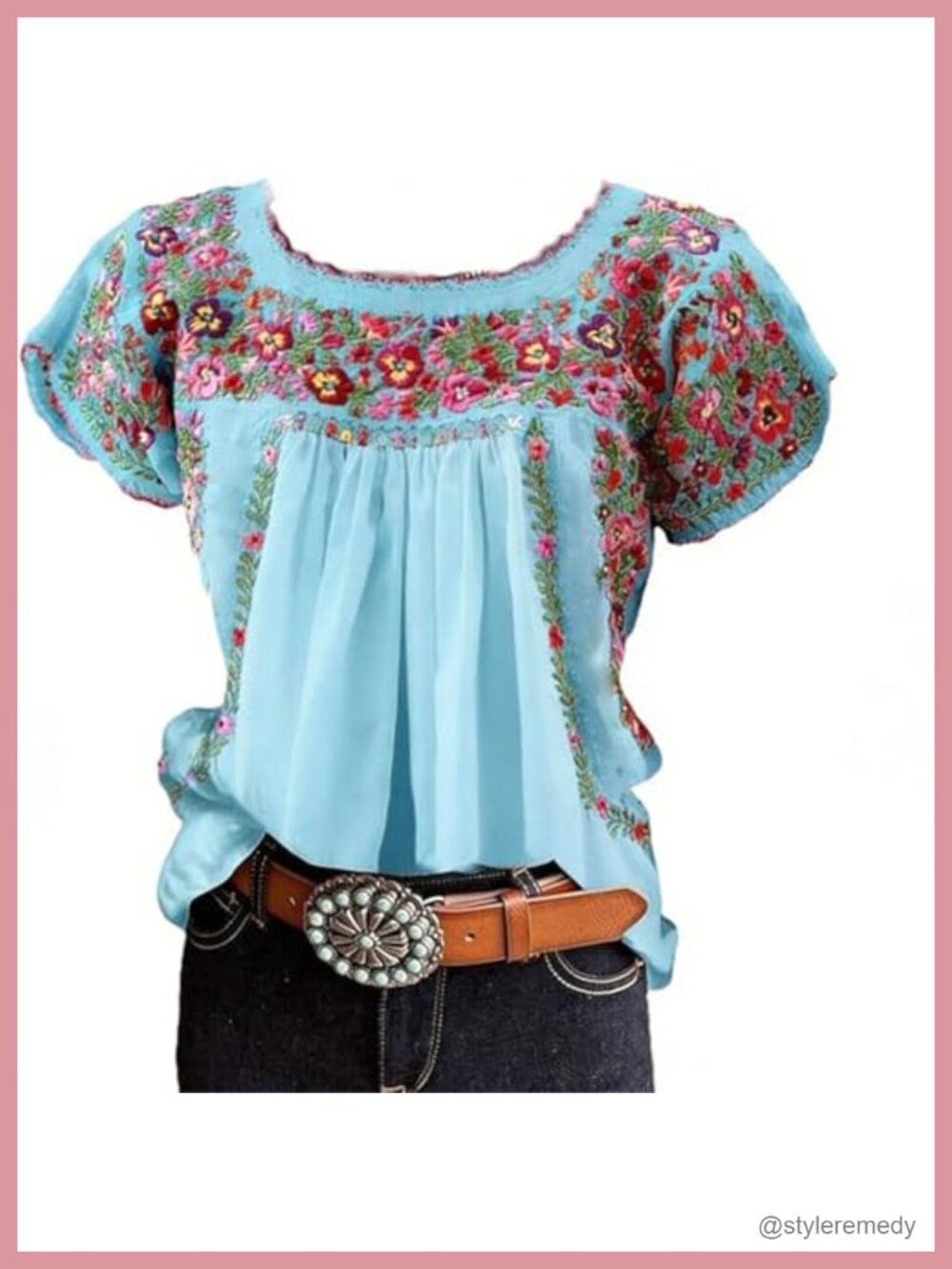 Womens Floral Embroidered Peasant Blouse Short Sleeve Pleated Crew Neck Loose